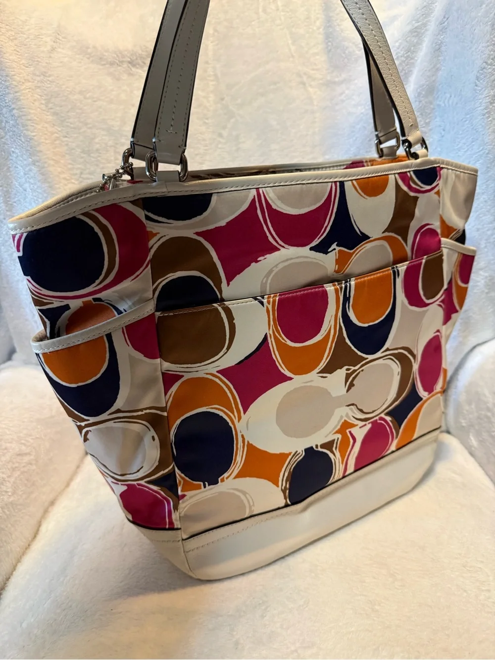 Coach Multicolor Part Op Art Satin & Leather Carrie Tote